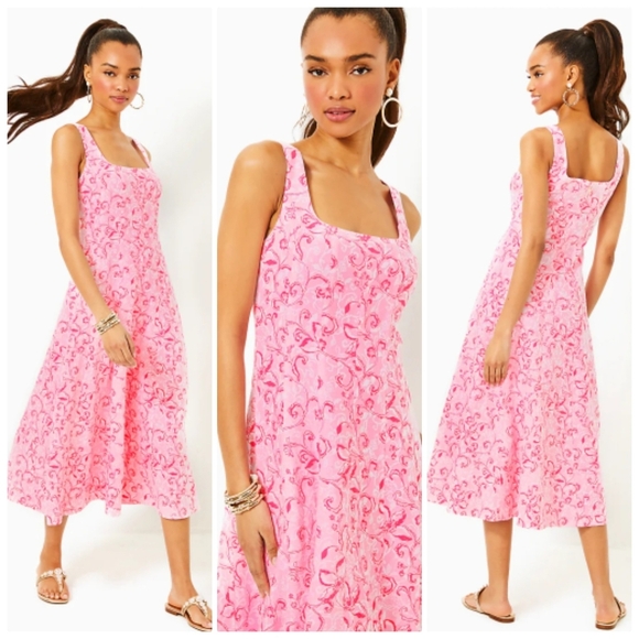 New Lilly Pulitzer Calina Filigree Linen Conch Shell Pink Midi Dress Size 4 NWT - Picture 3 of 14